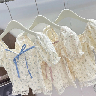 Áo Kiểu Nữ Hoa Nhí Cổ Vuông Thắt Nơ Form Xinh Tôn Dáng Dịu Dàng Phong Cách Hàn Quốc