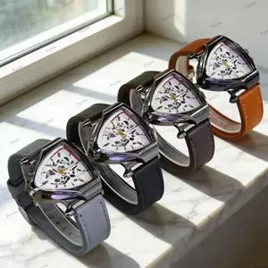 Đồng hồ rỗng hình tam giác PYCOU, Dây da Đồng hồ cơ thông thường, Đồng hồ đeo tay thạch anh đơn giản chất lượng cao Dịp kinh doanh