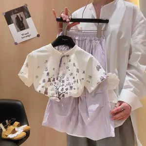 Trang phục cha mẹ và con cái (90-160) Áo thun in hình hoạt hình mùa hè + Quần ống rộng thông thường có kích thước người lớn