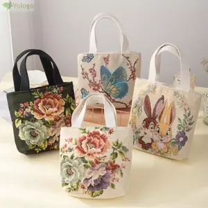 Túi Tote Thêu YOLOGO, Túi Vải Hoa Mèo Hoạt Hình Có Thể Tái Sử Dụng, Túi Mua Sắm Nữ Dễ Thương Dung Tích Lớn