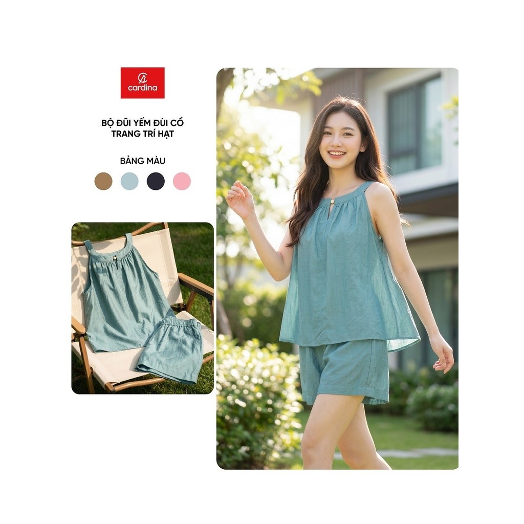 Bộ đồ mặc nhà nữ CARDINA chất liệu đũi bambo sát nách cổ yếm thêm trang trí hạt và quần đùi  6BDN03