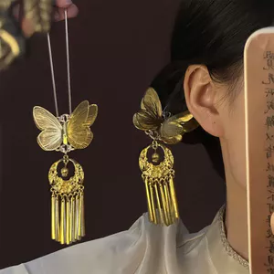 {Golden Butterfly Su} Phong Cách Trung Hoa Mới Phong Cách Trung Hoa Bướm Vàng Tua Rua Kẹp Tóc Nữ Hình Chữ U Kẹp Tóc Phụ Kiện Tóc