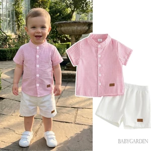 Bộ trang phục mùa hè cho bé trai 6N-M-3Y Bộ áo và quần Short sọc ngắn tay sọc đáng yêu