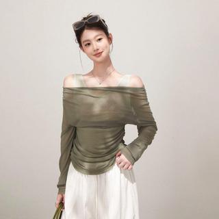 [Hàng mới về] Áo thun dài tay hai mảnh thêu màu tương phản dành cho nữ mùa hè phong cách Hàn Quốc Slim-F