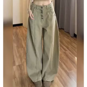 Mỹ Kaki Thiết kế ngực Machete Jeans Nữ Phong cách mới thon gọn hơn Nhìn eo cao dáng rộng ống rộng quần thẳng