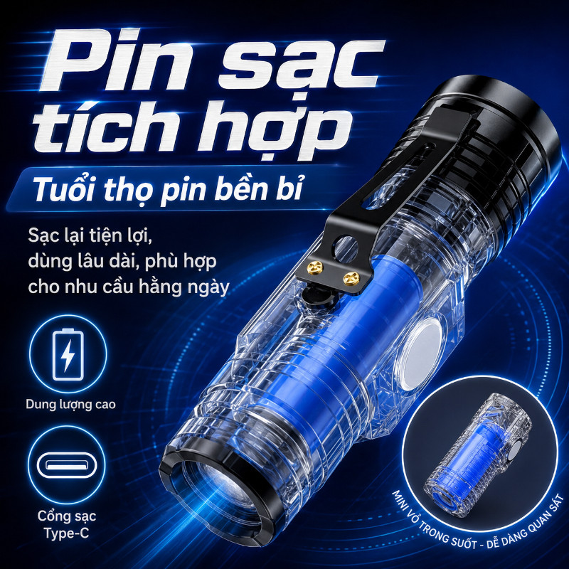 Đèn Pin Mini Cầm Tay Siêu Sáng, Chống Nước, Nhiều Chế Độ Chiếu Xa, Sạc Được Tiện Lợi Khi Du Lịch Ngoài Trời