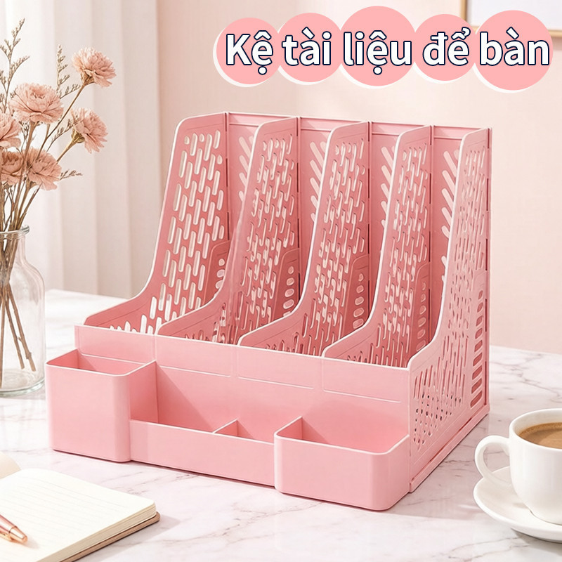 Kệ đựng tài liệu 4 ngăn để bàn đa năng sách A4 bút decor văn phòng học tập pastel dễ thương gấp gọn