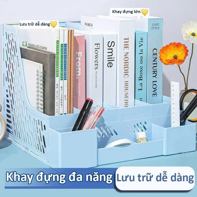 Kệ đựng tài liệu 4 ngăn để bàn đa năng sách A4 bút decor văn phòng học tập pastel dễ thương gấp gọn