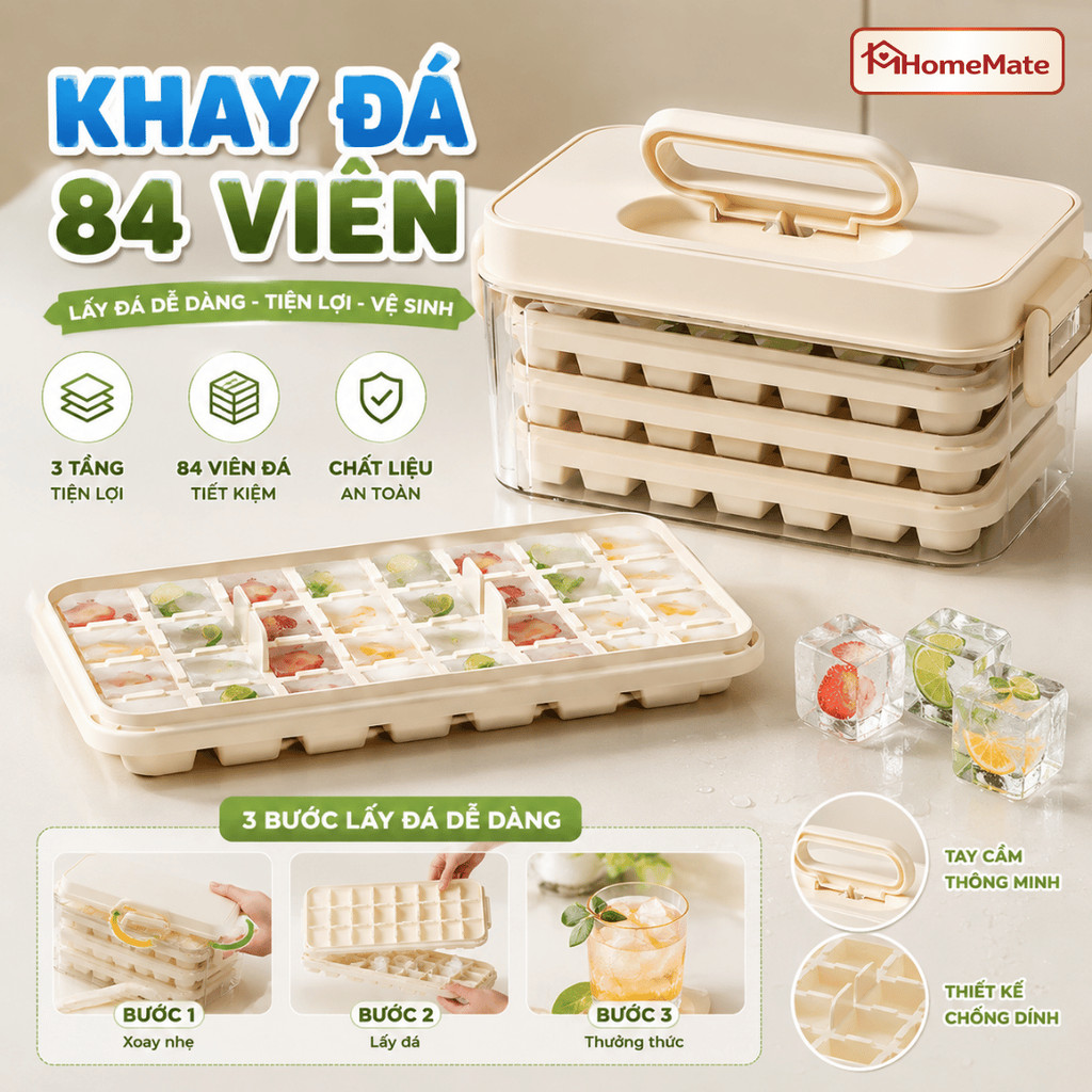 Hộp Làm Đá 84 Viên Tự Động HomeMate 3 Tầng Có Nắp Đậy, Khay Làm Đá Viên Kèm Hộp Đựng Tiện Lợi
