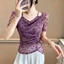 Áo lưới chấm bi cho nữ mùa hè mới hàng không đều xếp ly mỏng vừa vặn áo thun ngắn tay dành cho nữ