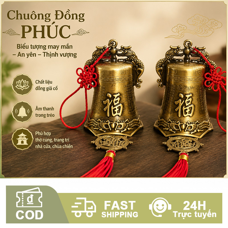 Chuông gió phong thủy bằng đồng khắc chữ Phúc tượng Quan Âm chiêu tài lộc may mắn bình an