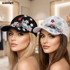Mũ bóng chày lưới SMILE, Mũ bóng chày ren hoa rỗng thoáng khí, Mũ chống nắng ngoài trời có thể điều chỉnh thanh lịch cho nữ bé gái