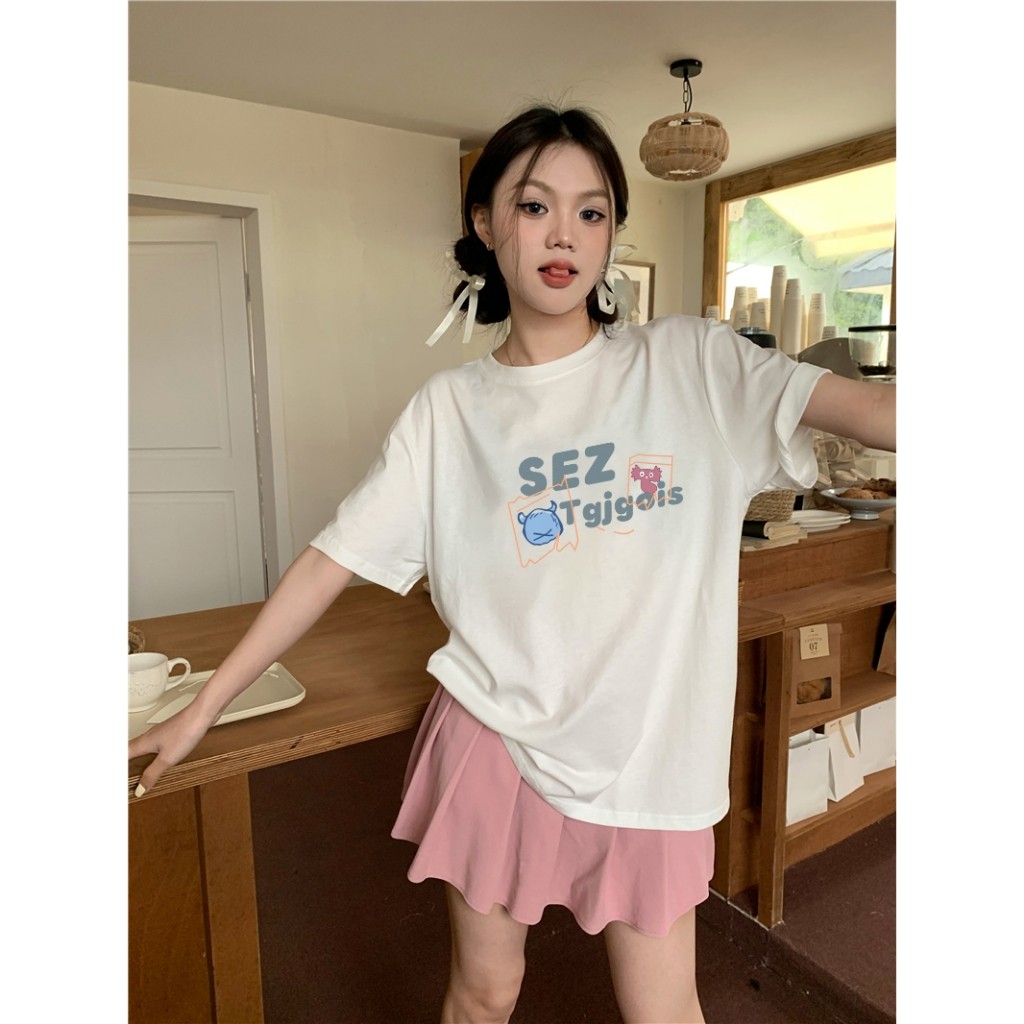 （Giao hàng 24h）Angela Áo Thun Nữ Cổ Tròn Ngắn Tay In Hình Thời Trang Hàn Quốc Y2K