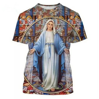 Trinh Nữ Maria Đồ Họa Áo 3D In Hình Mẹ Của Chúa Áo nam Nữ Cơ Đốc Giáo Tee Vintage Mùa Hè Unisex Tay Ngắn Kid Tops
