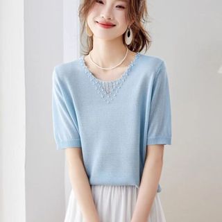 Dệt Kim Nữ Tay Ngắn Nữ Mỏng Phong Cách Mùa Hè Cổ Chữ V Thời Trang Phù Hợp Với Áo Thun Lụa Băng Đơn Giản 20