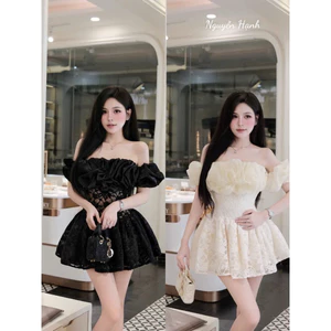 ĐẦM REN PHỐI TƠ ÓNG TRỄ VAI XOÈ, 2màu BYJOLIE