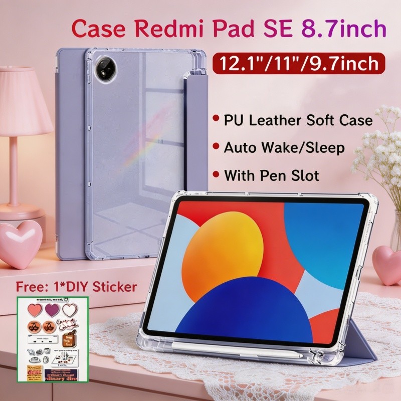 Ốp lưng Xiaomi Redmi Pad SE 8.7 inch có khe cắm bút, mặt sau trong suốt, từ tính – tương thích Redmi Pad 2 9.7 inch, Pad 2 Pro 12.1 inch, POCO Pad