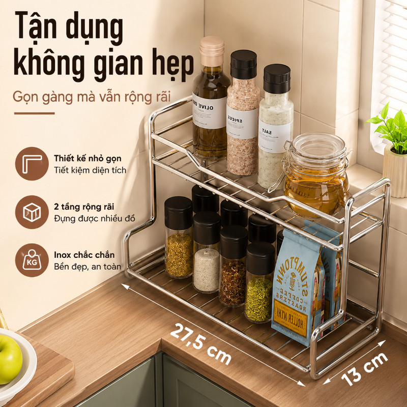Kệ Để Đồ Đa Năng 2 Tầng Bằng Inox - Đựng Gia Vị & Dụng Cụ Bếp, Thiết Kế Thoáng, Dễ Lau Chùi, Giúp Gian Bếp Ngăn Nắp