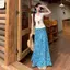 Váy ren sơn dầu hoa màu xanh dành cho nữ Mùa hè Phong cách mới thon gọn hơn Cổ chữ V tay ngắn