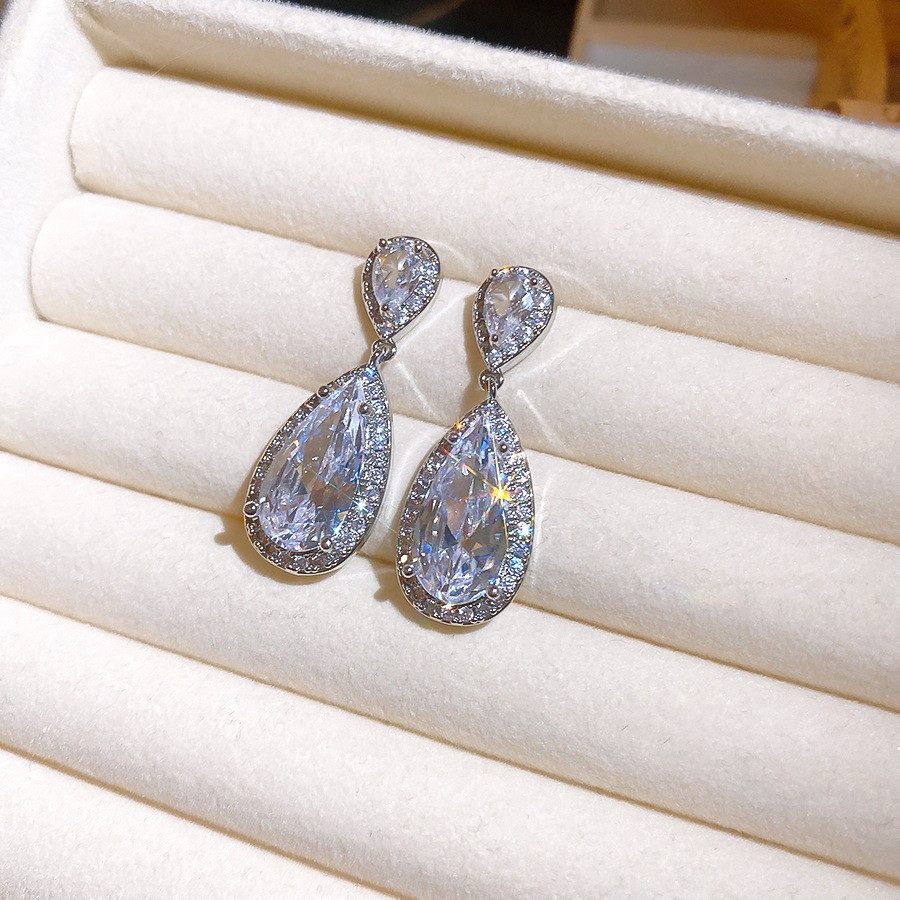 Bông tai thả CZ màu bạc, Bông tai Dangle hai tầng Halo Zircon đôi hai tầng, Trang sức tuyên bố nhiều màu dành cho nữ