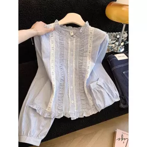 Áo sơ mi dài tay sọc phong cách Preppy ngọt ngào Áo sơ mi dáng rộng giảm tuổi một viền sang trọng