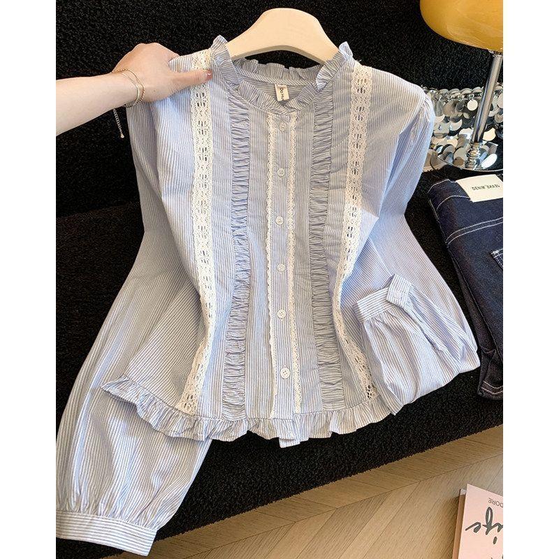 [Hàng mới về] Áo sơ mi dài tay sọc phong cách Preppy ngọt ngào Áo sơ mi dáng rộng giảm tuổi một viền sang trọng