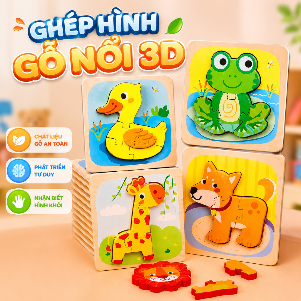 [TẶNG QUÀ] Đồ Chơi Ghép Hình 3D Gỗ Nổi Nhiều Mẫu Cho Bé Từ 01 Tuổi Vừa Học Vừa Chơi – Hàng Loại 1