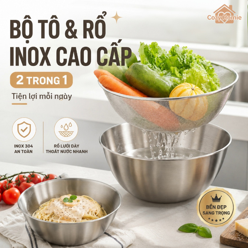 bộ tô rổ inox 304 201 an toàn thực phẩm chống gỉ sét dễ vệ sinh đa năng vo gạo rửa rau trộn salad