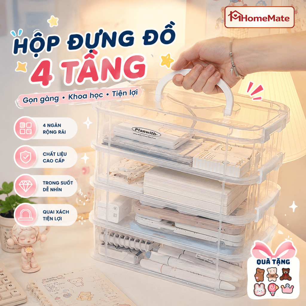 Combo 4 Hộp Nhựa Trong Suốt Có Nắp Đậy HomeMate Đựng Đồ Chơi, Mỹ Phẩm, Đồ Cá Nhân Kèm Quai Xách Tiện Lợi