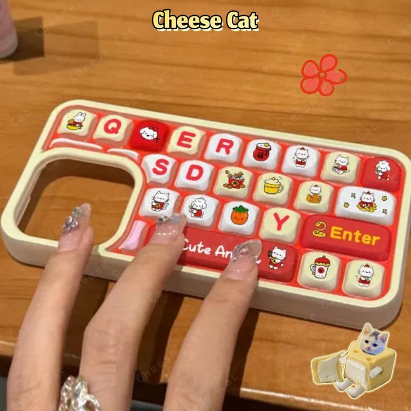 Bàn phím 3D Ốp điện thoại hình chú thỏ dâu tây cho iPhone 11 14 13 15 12 16 17 Pro Max Ốp điện thoại giảm căng thẳng