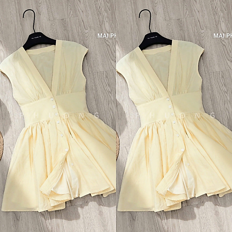 NH CLOTHER -Váy sát nách cổ tim màu vàng bơ,  đen dáng  xòe nhẹ