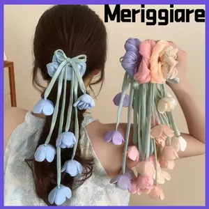 MERIGGIARE Floral Scrunchie, Le Muguet Tulips Dây Buộc Tóc Hoa, Thiết Kế Thanh Lịch Với Ruy Băng Dangling Ruy Băng Trang Trí Nữ