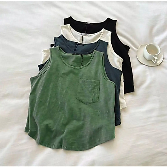 Áo ba lỗ nữ trơn có túi đơn giản basic freesize dưới 63kg thun cotton co giãn thoáng mát