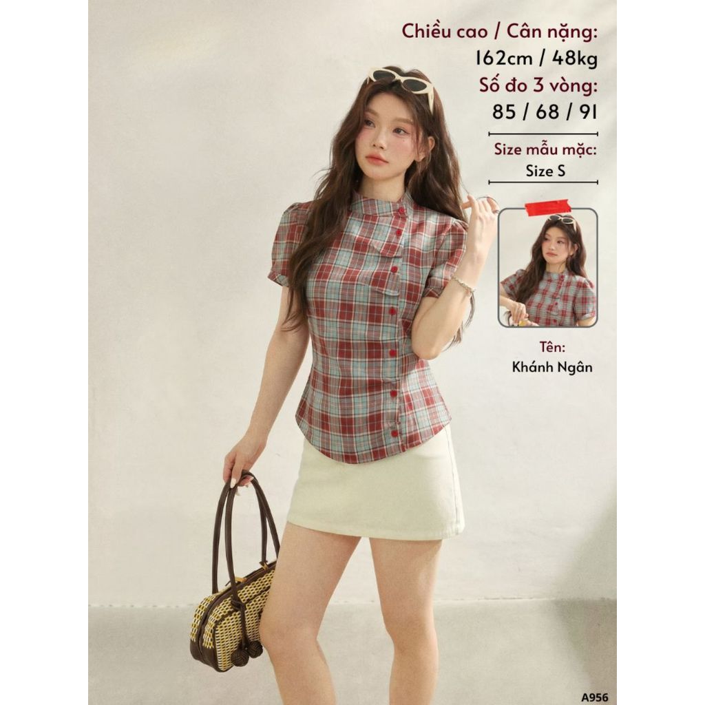 Áo Sơ Mi Kẻ Caro Cổ Trụ Tay Phồng Thắt Eo Ôm Nhẹ Phối Dây Nơ Kiểu Dáng Retro_A95556