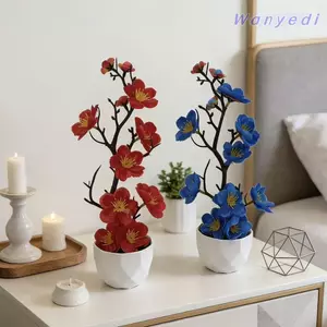 WANYEDI Cây trồng trong chậu hoa mận nhân tạo, Cây cảnh hoa mùa đông giả nhỏ nhiều bụi, với chậu trắng Nhựa nhân tạo màu đỏ Trang trí nội thất