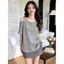 Cotton Phong cách Hàn Quốc Dây rút không đều Cổ chéo Áo thun ngắn tay quây nữ dáng rộng mùa hè Phong cách mới Tất cả