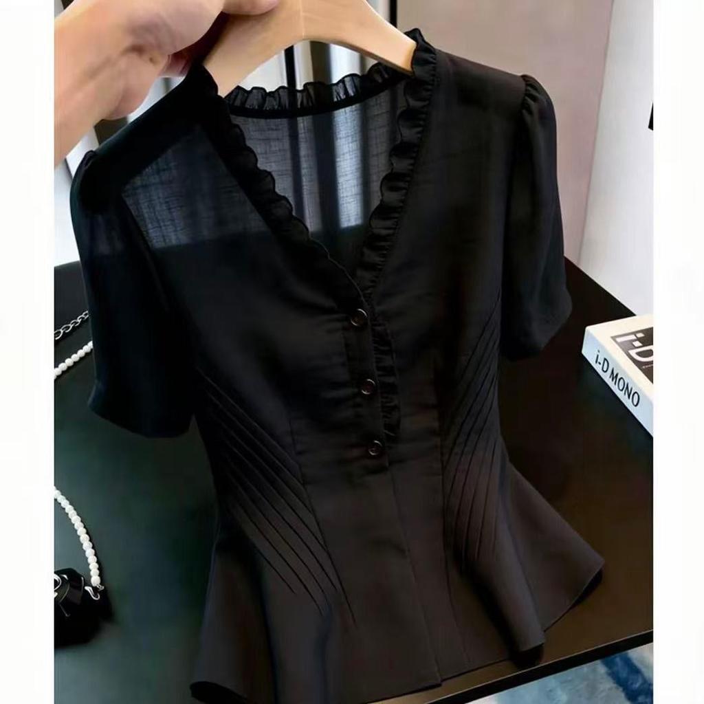 [Giảm giá trong thời gian có hạn] Áo sơ mi mỏng cổ chữ V kiểu Pháp cổ chữ V màu đen cao cấp phong cách mới mùa hè 2026, dáng ôm hơn mọi trận đấu