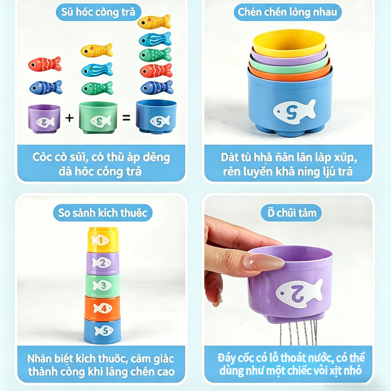 【SKISOPGO】Đồ Chơi Câu Cá Bằng Nỉ 3D,Trò chơi câu cá bằng vải có cốc xếp chồng,Phân loại màu sắc Đạo cụ giáo dục sớm