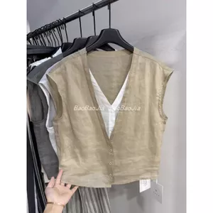 Áo sơ mi không tay cổ chữ V giả hai mảnh dành cho nữ Mùa hè Phong cách mới thon gọn hơn Quần áo sơ mi sang trọng phù hợp