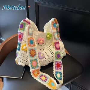 Túi xách METUBE, Túi đeo vai nữ móc hoa bướm dung tích lớn, Túi đeo chéo cổ điển dệt kim rỗng nhiều màu