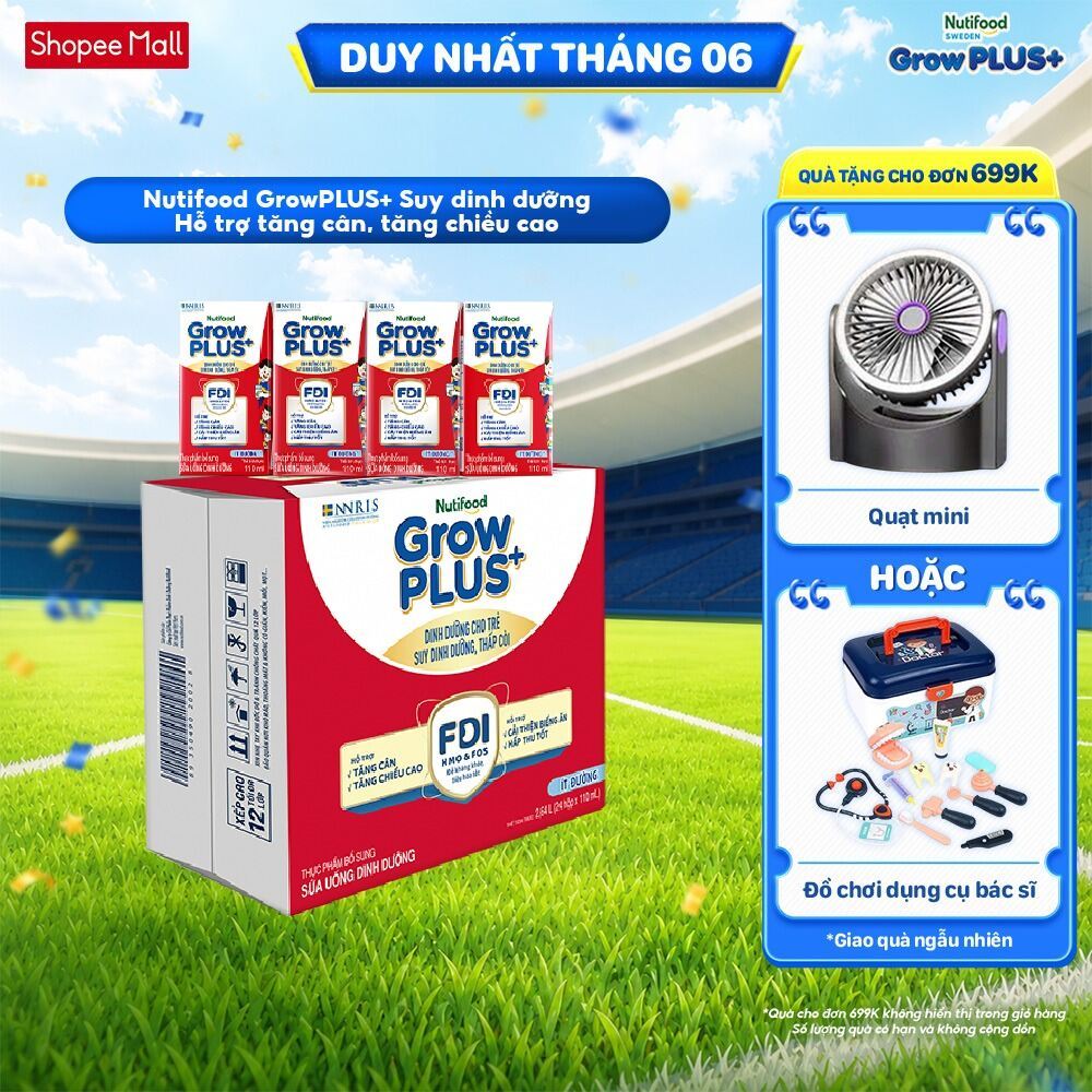 Thùng 24 hộp SBPS Nutifood GrowPLUS+ Suy Dinh Dưỡng (Đỏ) Ít đường 110ml - Tăng Cân, Tăng Chiều Cao (Bao bì tùy lô hàng)