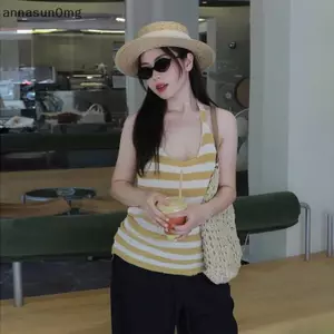 AA Sọc Dây Ne Baless Vest Nữ Gợi Cảm Bodycon Không Tay Mỏng Dệt Kim Top VN