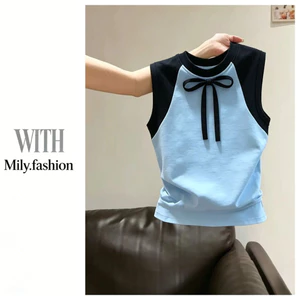 Milyfashion Áo Vest Không Tay Màu Xanh Mùa Hè Phong Cách Mới Nơ Thiết Kế Phong Cách Ngắn Độc Đáo Phù Hợp Với Hàng Đầu 1HTP