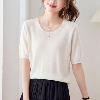 Dệt Kim Nữ Tay Ngắn Nữ Mỏng Phong Cách Mùa Hè Cổ Chữ V Thời Trang Phù Hợp Với Áo Thun Lụa Băng Đơn Giản 20