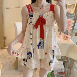 Phiên Bản Hàn Quốc Bộ Đồ Ngủ Sling Hoạt Hình Hai Mảnh Bé Gái Nơ Homewear