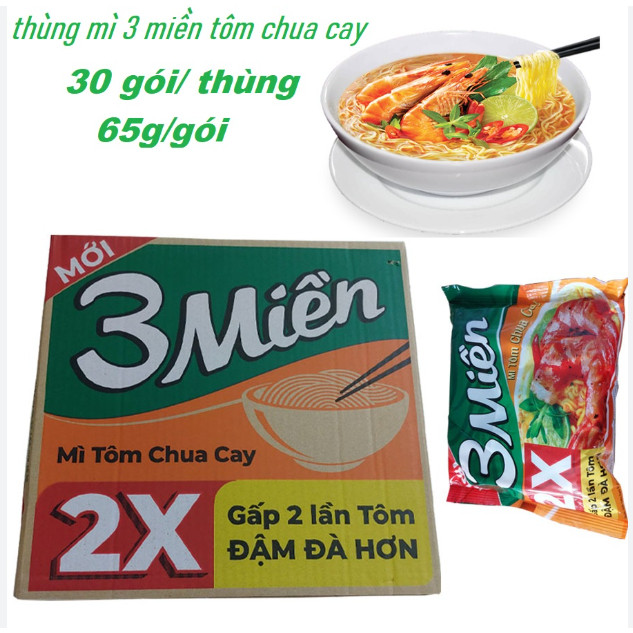 Thùng 30 gói - Mì 3 Miền Tôm Chua Cay (2X) 65g