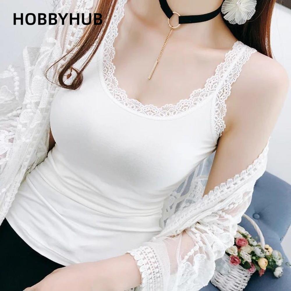 Áo tăng mùa hè HOBBYHUB, Áo sơ mi nữ cổ chữ U mỏng, thường ngày có ren dáng rộng không tay áo cho nữ