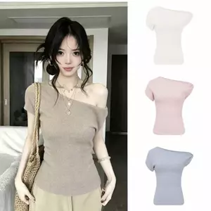 Thiết kế phong cách Hàn Quốc Thắt nút vai xếp li eo hẹp mỏng hơn Áo thun ngắn tay nữ Slim-Fit Style Hot Girl One-Shoulder Top