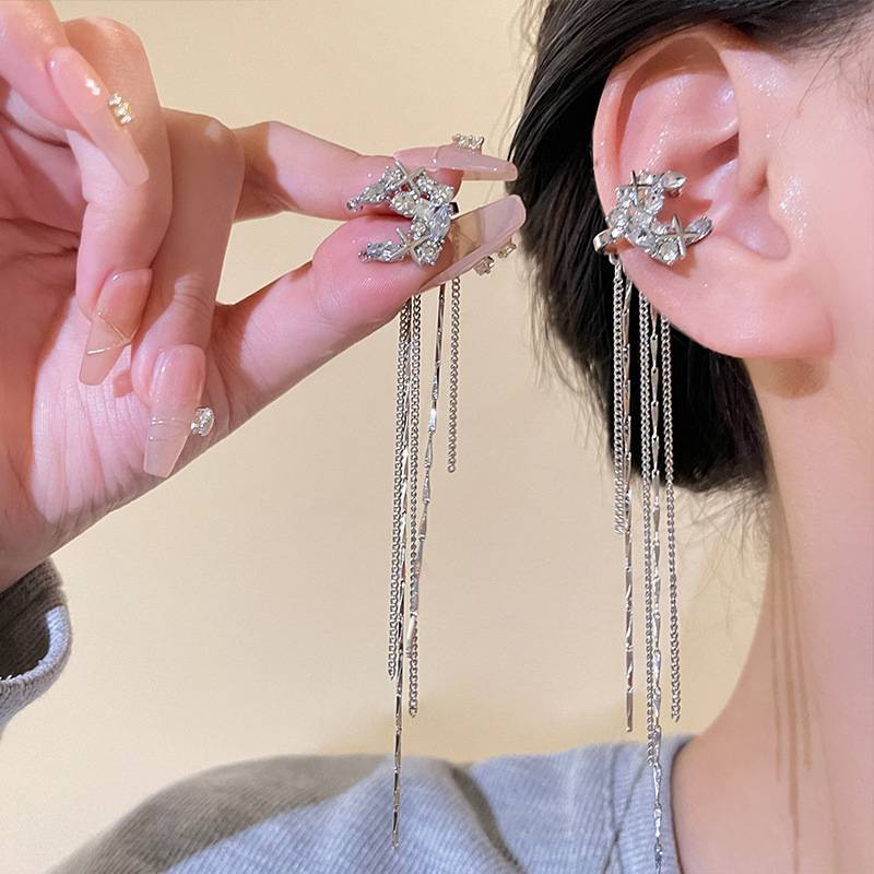 AN.MART Thời Trang Sáng Bóng Zircon Moon Star Dài sel Kẹp Tai Không Xuyên Bông Tai Thiết Kế Hợp Thời Trang Sang Trọng Nữ Vòng Đeo Tai Trang Sức Dự Tiệc VN