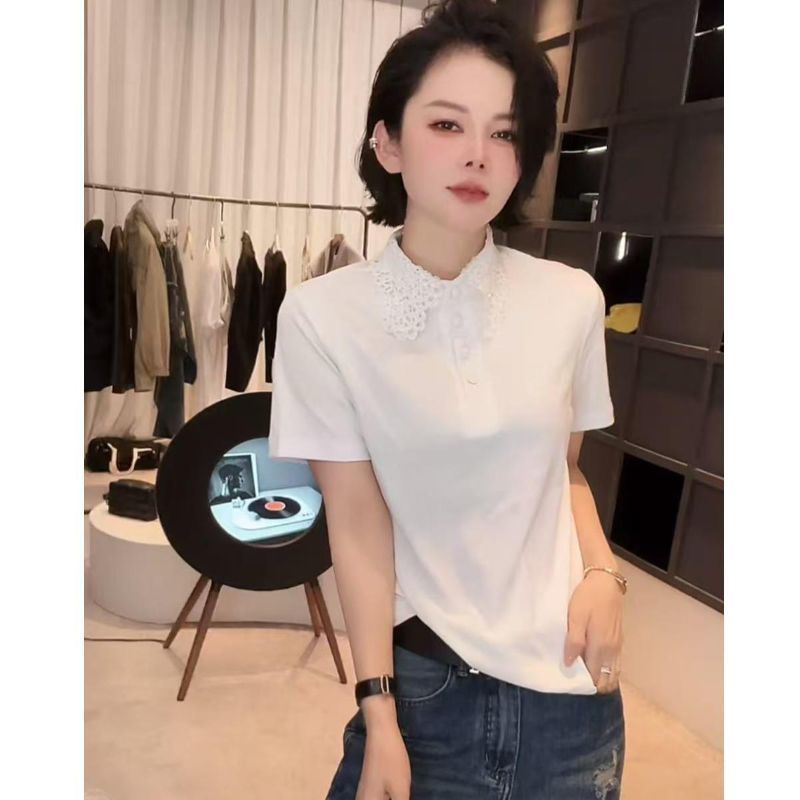 Áo thun ngắn tay áo polo nữ mùa hè thời trang mới cổ rỗng thông thường dành cho nữ